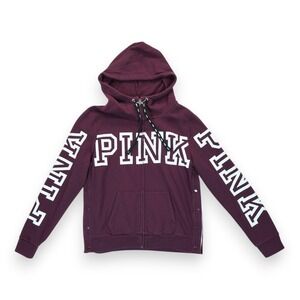 Victorias Secret Pink Graphic SIDE SNAP FULL ZIP Hoodie Size Large Burgundy‎